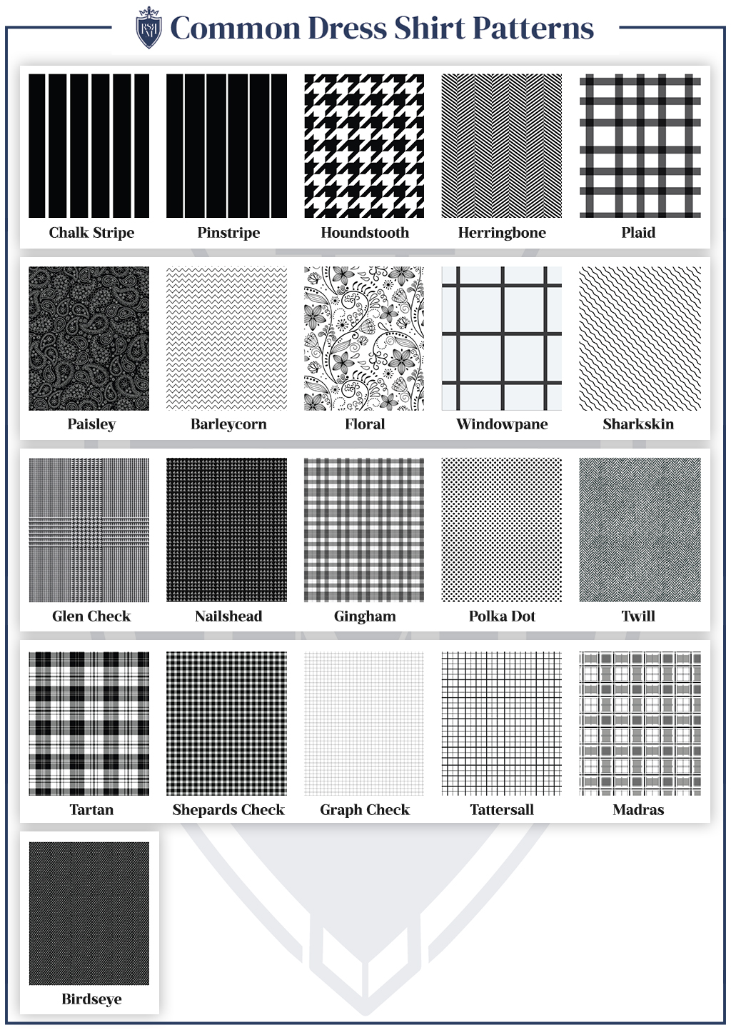 diagram showing common dress shirt patterns