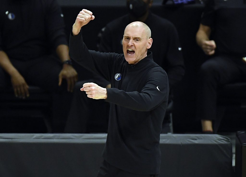 New Indiana Pacers head coach Rick Carlisle gestures to the officials during the 2021 NBA playoffs.