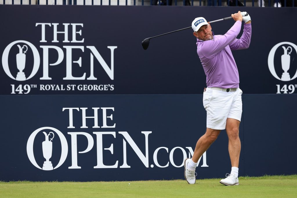 Lee Westwood tees off in a practice round ahead of the 2021 edition of The Open Championship at Royal St. George's