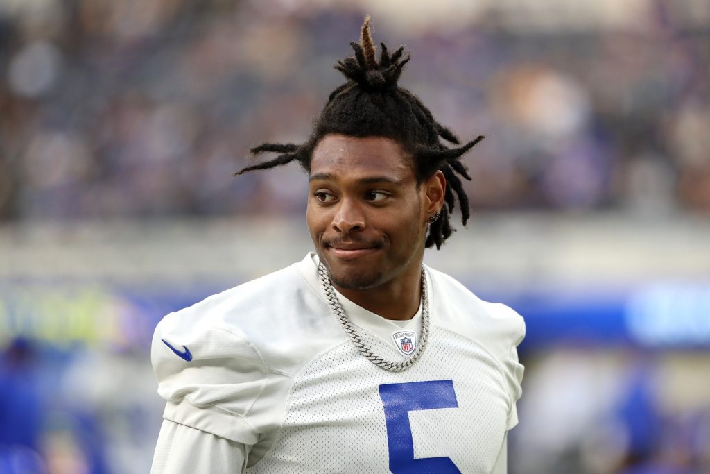 Jalen Ramsey of the Los Angeles Rams looks on during open practice at SoFi Stadium on June 10, 2021 in Inglewood, California. | Katelyn Mulcahy/Getty Images