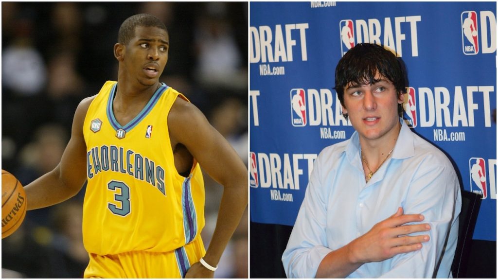 (L-R) Chris Paul of the Hornets in NBA basketball action against the Warriors at Oakland Arena in Oakland, California. The Golden State Warriors defeated the New Orleans/Oklahoma City Hornets, 99-83; Number one NBA draft prospect Andrew Bogut, a 7-foot-tall center from Australia, speaks to the media during a pre-draft news conference at the Westin New York Hotel in Times Square.