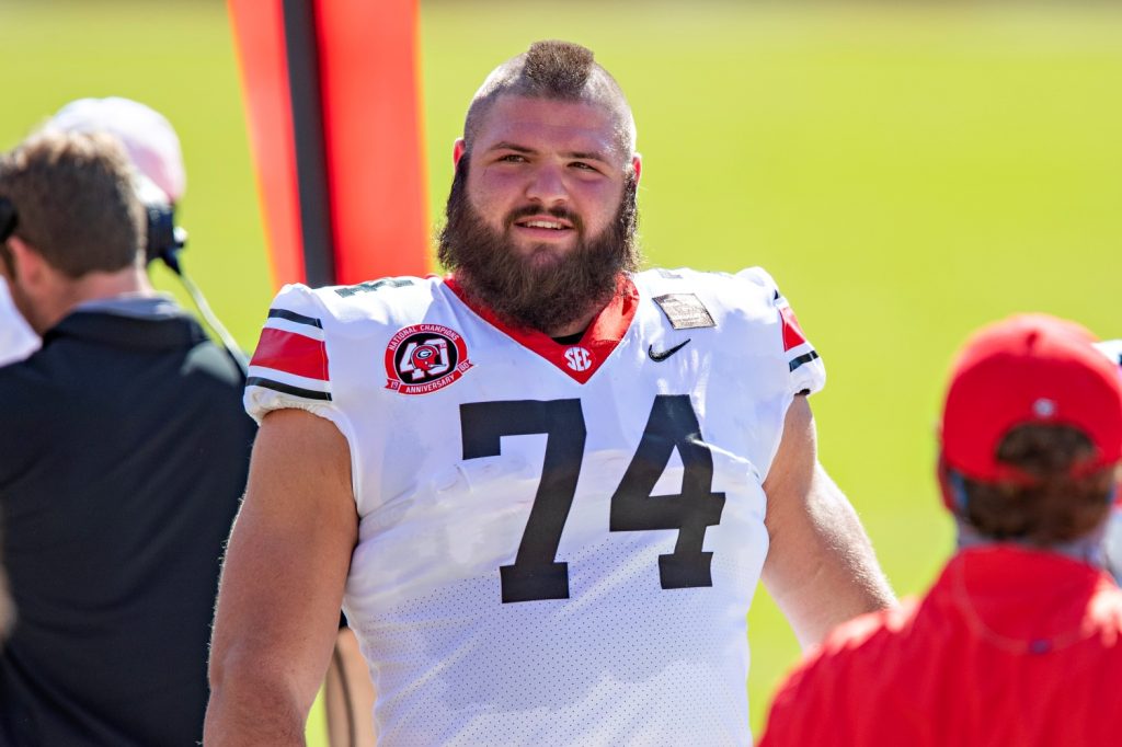 Baltimore Ravens rookie Ben Cleveland stands on the sideline during his days with the Georgia Bulldogs.