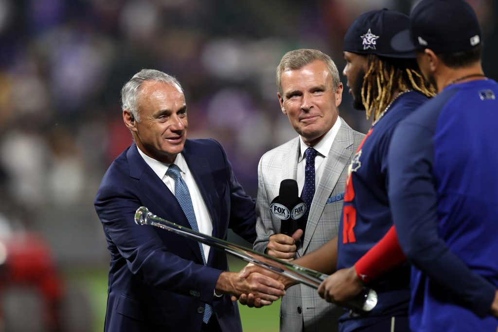 Rob Manfred presents the All-Star MVP trophy to Toronto Blue jays slugger Vladimir Guerrero Jr.