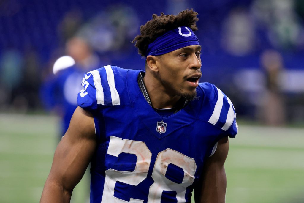 Jonathan Taylor of the Indianapolis Colts walks off the field after the game against New York Jets at Lucas Oil Stadium on November 04, 2021 in Indianapolis, Indiana.