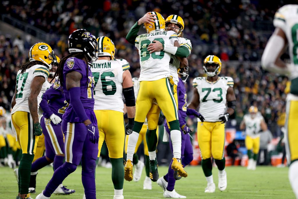 Packers WR Marquez Valdes-Scantling and QB Aaron Rodgers.