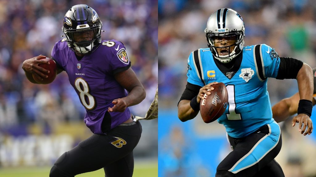 Ravens QB Lamar Jackson in action against the Vikings; Cam Newton escapes a Buccaneers defender