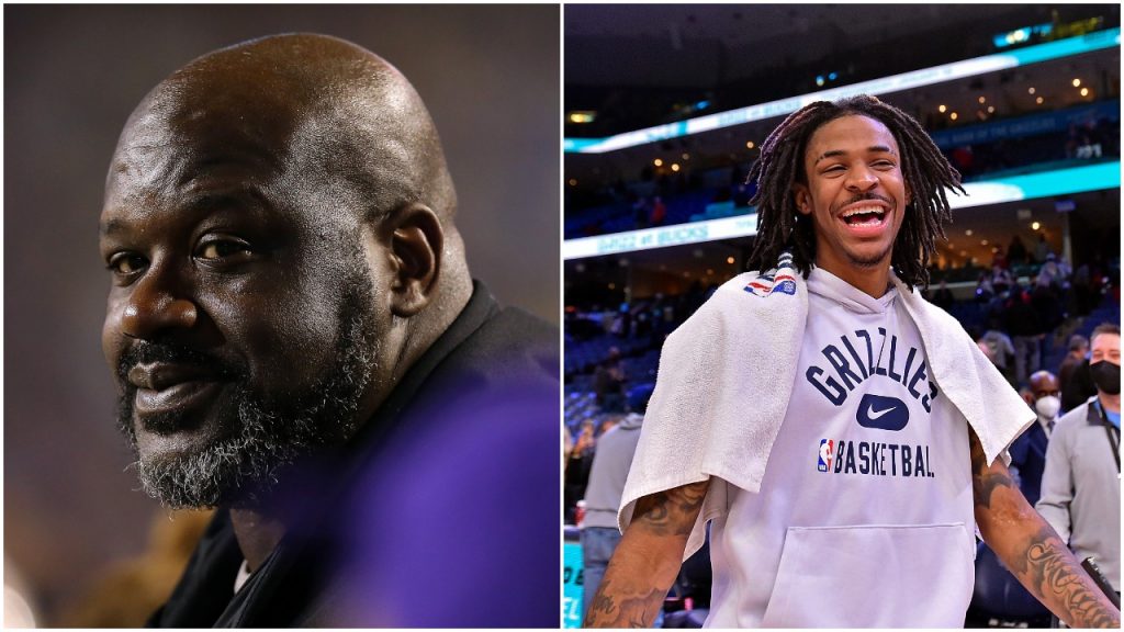L-R: Shaquille O'Neal attends an LSU football game and Memphis Grizzlies point guard Ja Morant celebrates a win after an NBA game against the Chicago Bulls