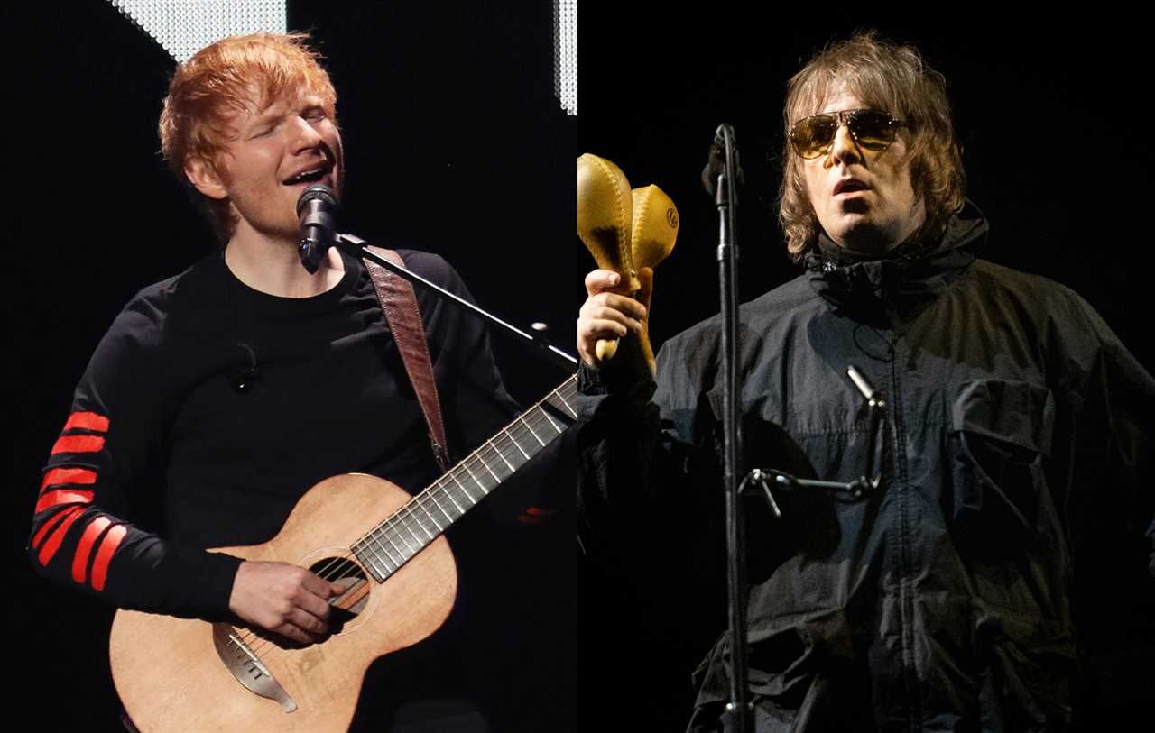 side-by-side images of Ed Sheeran and Liam Gallagher performing live onstage
