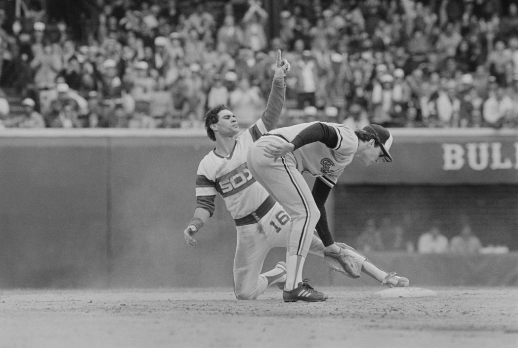 Julio Cruz of the Chicago White Sox holds up finger after stealing second base in a 1983 AL Championship Series game.