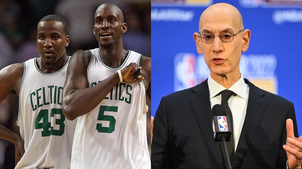 Celtics teammates Kendrick Perkins and Kevin Garnett in action; NBA commissioner Adam Silver speaks at press conference