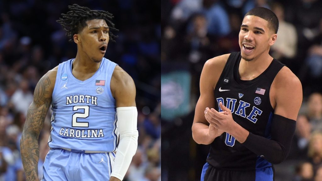 UNC's Caleb Love reacts during win over UCLA; Celtics star Jayson Tatum in action for Duke