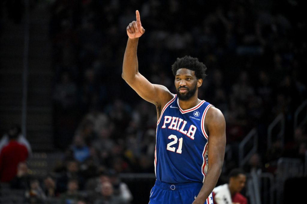 Joel Embiid reacts against the Cavaliers.