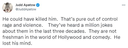 Judd Apatow weighs in on Will Smith and Chris Rock's altercation at 2022 Oscars.