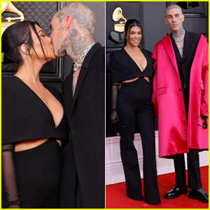 Kourtney Kardashian & Travis Barker Share Steamy Kiss on Grammys 2022 Red Carpet