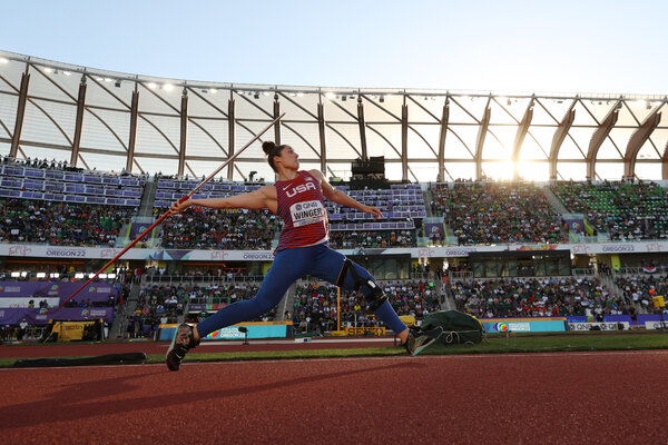 Kara Winger competing in the women's javelin final in Eugene, Ore. "I felt like every single person in that stadium was cheering for me," she said.