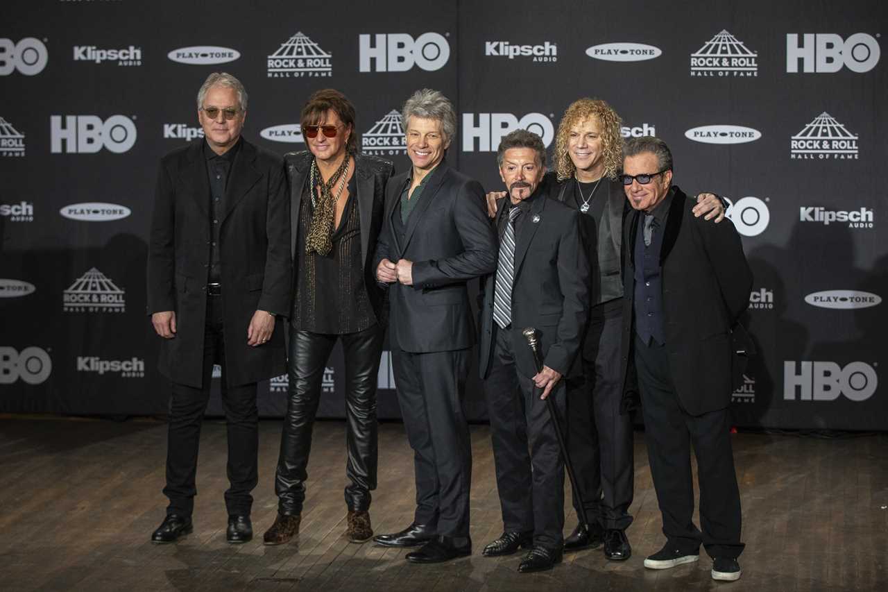 Inductees Hugh McDonald, Richie Sambora, Jon Bon Jovi, Alec John Such, David Bryan and Tico Torres of Bon Jovi attend the 33rd Annual Rock & Roll Hall of Fame Induction Ceremony at Public Auditorium on April 14, 2018 in Cleveland, Ohio. 