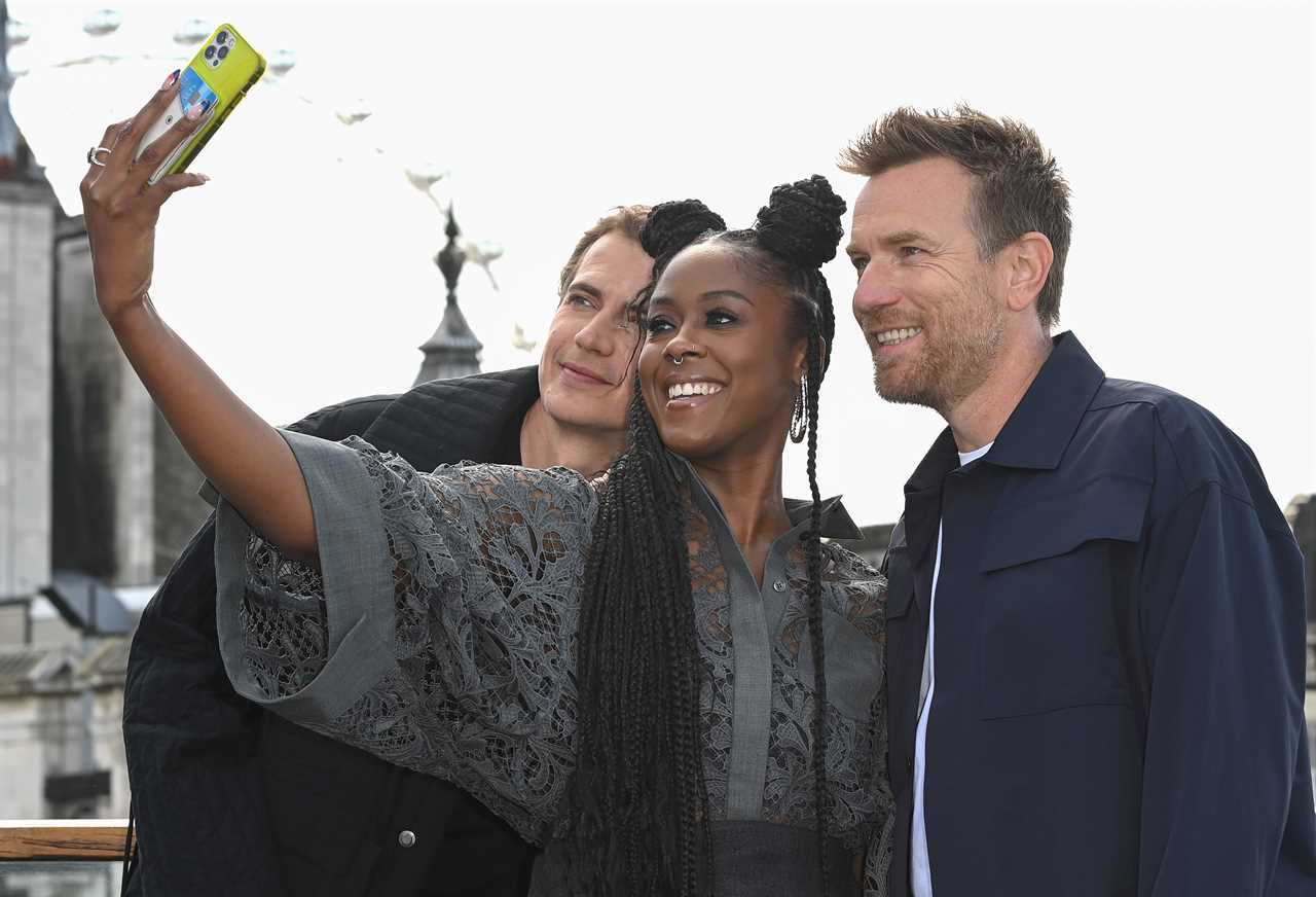 Hayden Christensen, Moses Ingram and Ewan McGregor attend the "Obi-Wan Kenobi" photocall at the Corinthia Hotel London on May 12, 2022 in London, England.  