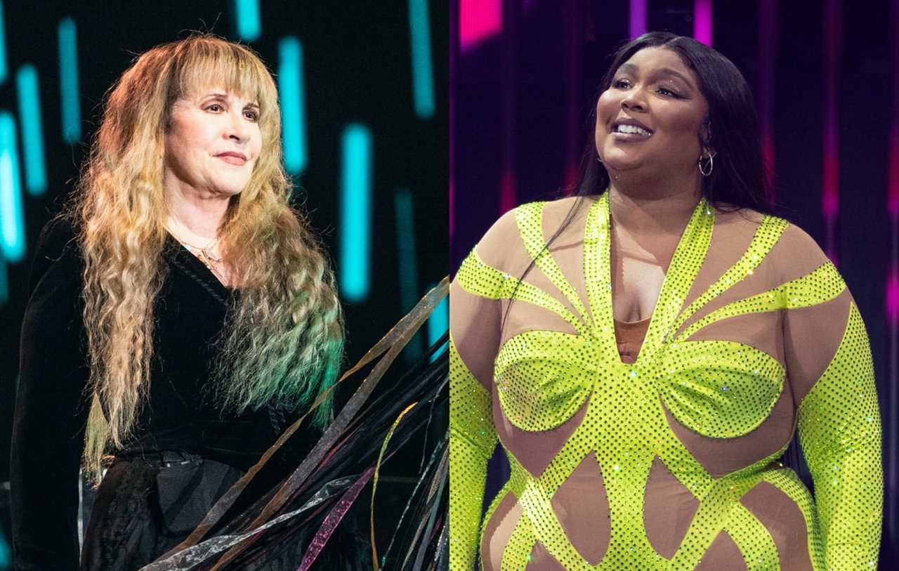 two side by side images of Stevie Nicks (left) and Lizzo (right) performing live on-stage