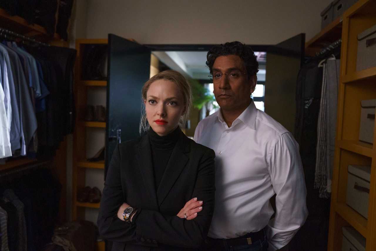 The Dropout -- “Green Juice” - Episode 103 -- As Theranos rapidly expands, Elizabeth’s technology struggles to keep pace and members of the board become increasingly wary of her secretive behavior. Sunny considers joining the company. Elizabeth Holmes (Amanda Seyfried) and Sunny Balwani (Naveen Andrews), shown. (Photo by: Beth Dubber/Hulu)