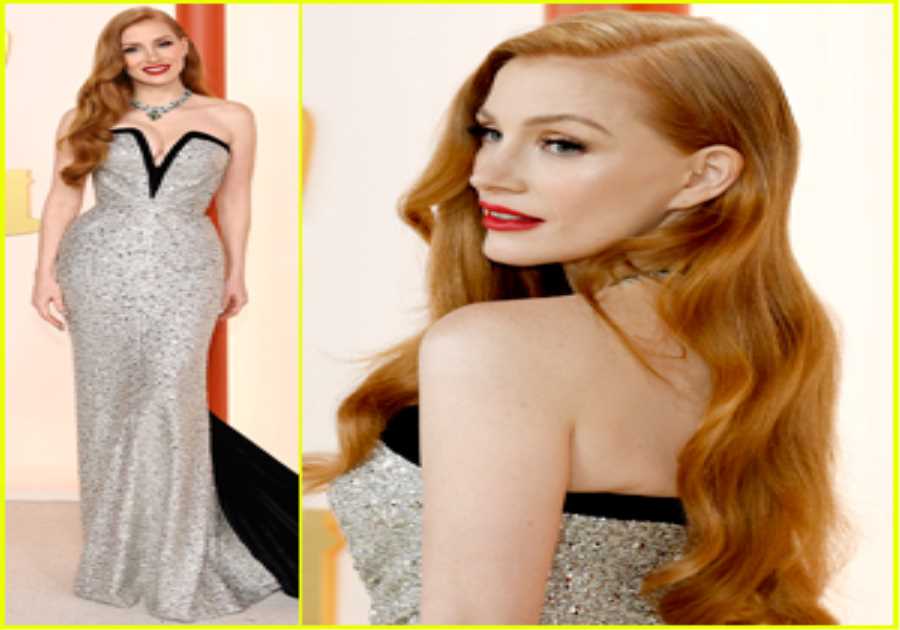 Presenter Jessica Chastain Pairs Emeralds with Diamonds & a Bold Red Lip at Oscars 2023