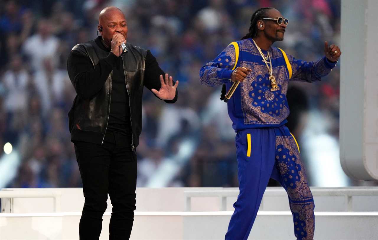 Dr. Dre and Snoop Dogg performs in the Pepsi Halftime Show during the NFL Super Bowl LVI football game