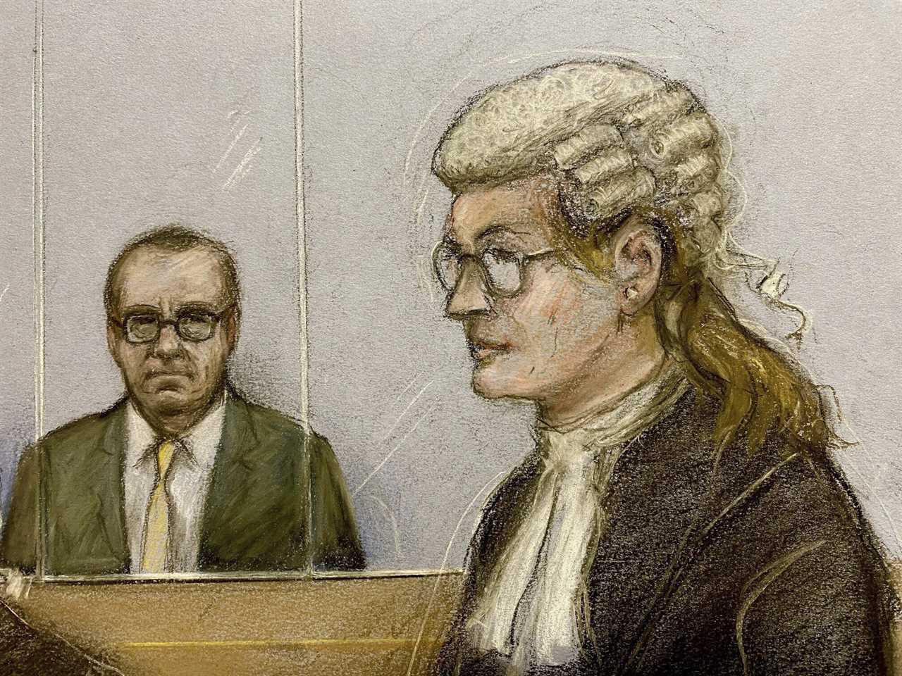 Court artist sketch by Elizabeth Cook of actor Kevin Spacey, left, in the dock as he listens to Christine Agnew KC, right, at Southwark Crown Court, London, Friday, June 30, 2023. 