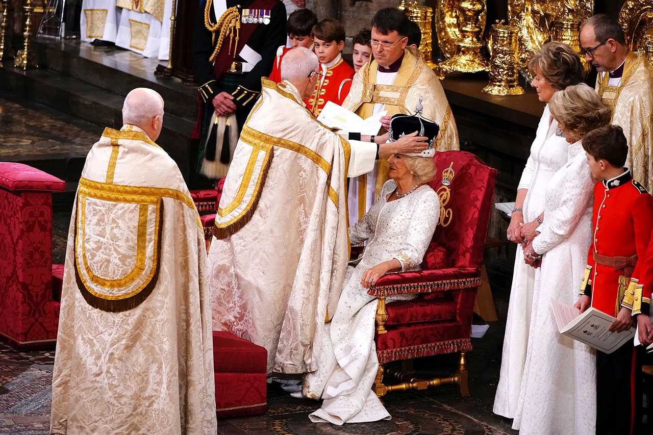 Camilla Adjusts Crown During Coronation Blessing 2