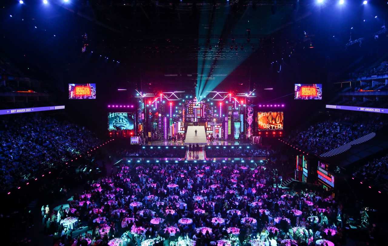 a wide shot of the stage and the audience at The O2 in London during the BRIT Awards 2023