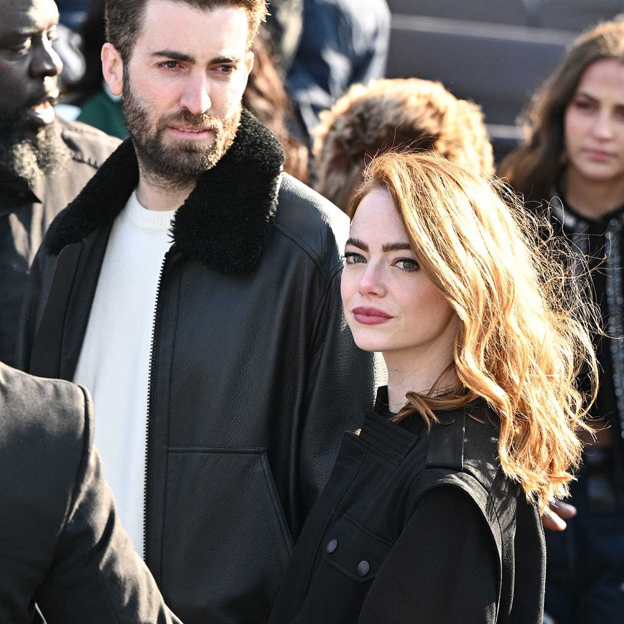 Dave McCary and Emma Stone attend the Louis Vuitton Womenswear Fall/Winter 2022/2023 show as part of Paris Fashion Week on March 07, 2022 in Paris, France. (Photo by Stephane Cardinale - Corbis/Corbis via Getty Images)