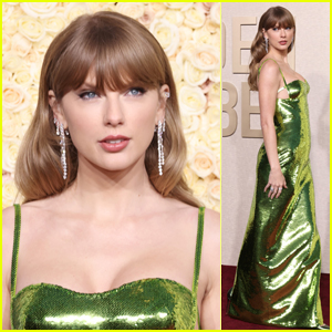 Nominee Taylor Swift Shimmers in Green at Golden Globes 2024 Red Carpet