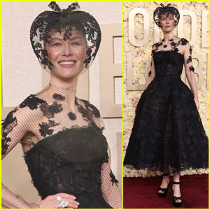 Rosamund Pike Pairs Lace Headpiece with Black Dress for Golden Globes 2024