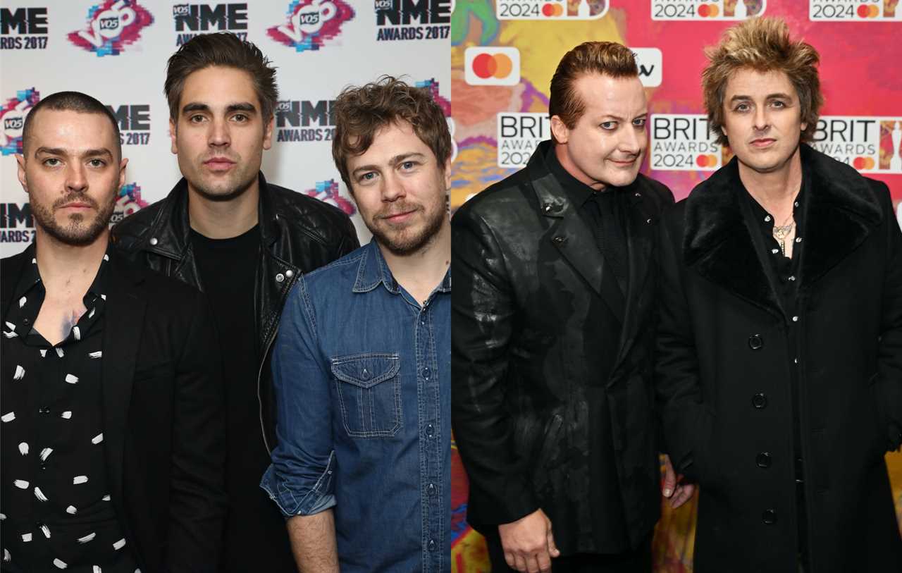 two side by side photos of Busted's Matt Willis, Charlie Simpson and James Bourne (left) and Green Day's Tré Cool and Billie Joe Armstrong (right)