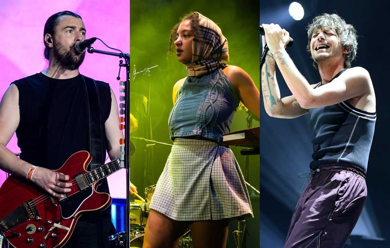 three side by side images of Courteeners' Liam Fray (left), English Teacher's Lily Fontaine (centre) and singer Louis Tomlinson (right) performing live on stage
