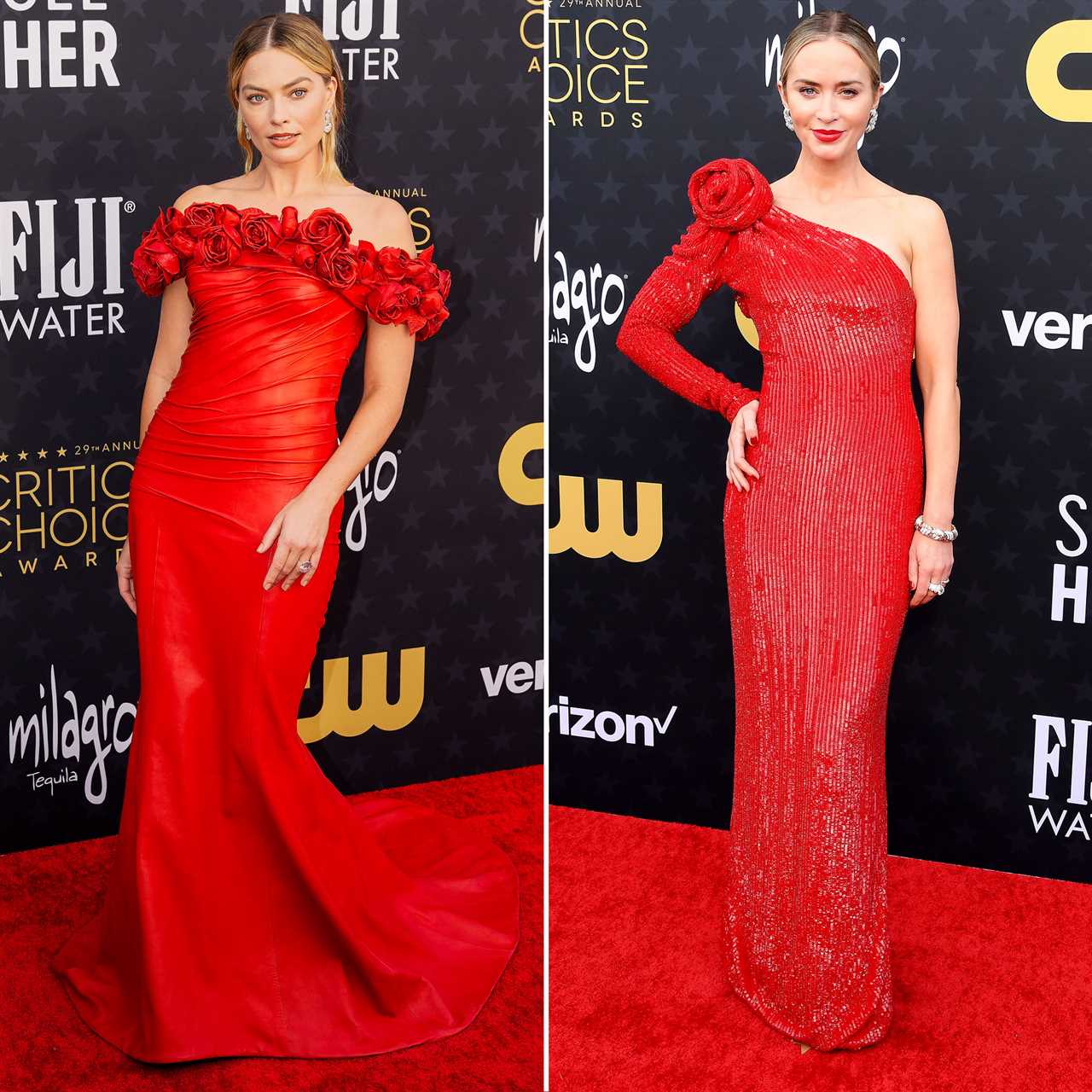 Margot Robbie and Emily Blunt Twin in Red at Critics Choice Awards 