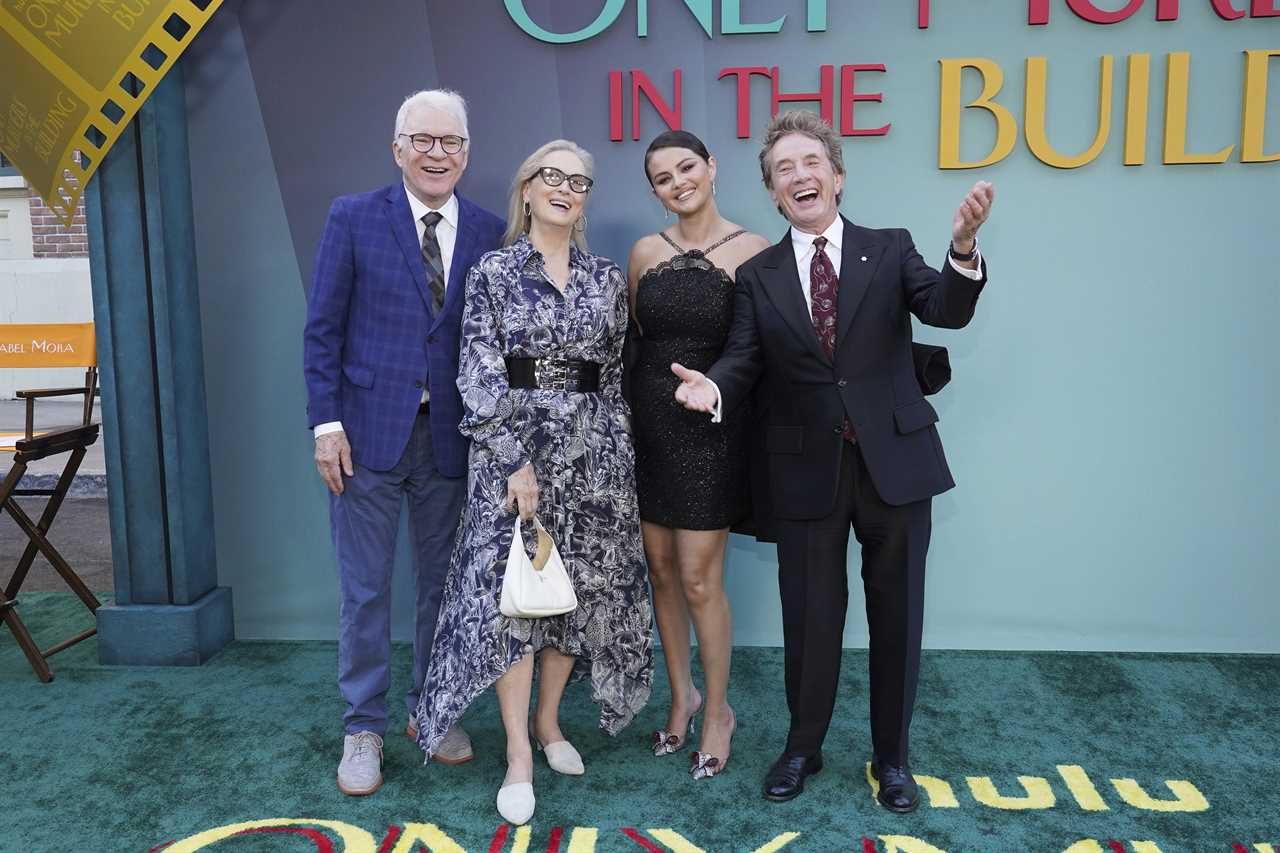Steve Martin, from left, Meryl Streep, Selena Gomez, and Martin Short arrive at the premiere of "Only Murders in the Building" at Paramount Pictures on Thursday, Aug. 22, 2024, in Los Angeles. (Photo by Jordan Strauss/Invision/AP)