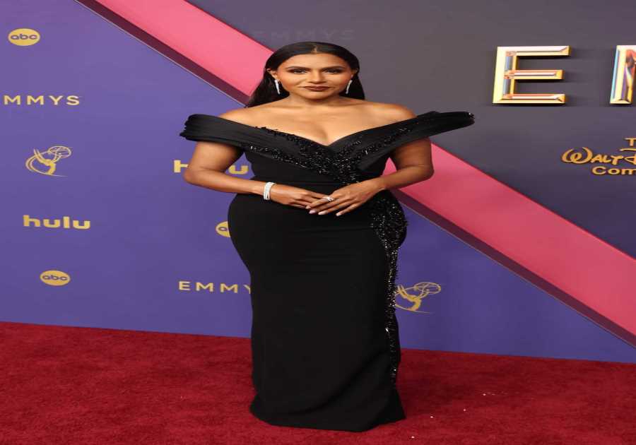 Mindy Kaling Looks Sleek in Structural Black Dress on 2024 Emmys Red Carpet