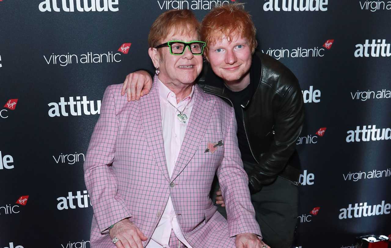 Sir Elton John (L) and Ed Sheeran pose in the winners room at the Virgin Atlantic Attitude Awards 2024 