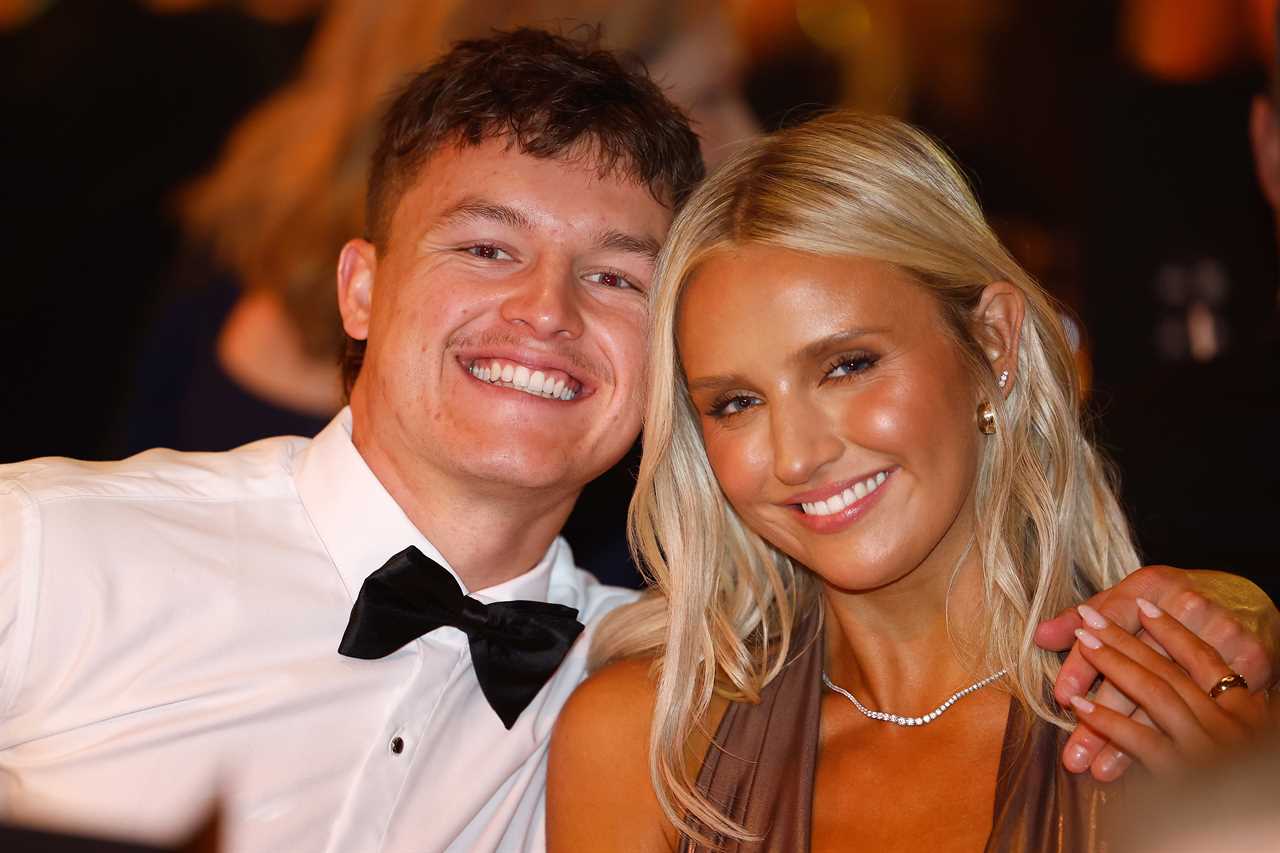 Jack Ginnivan of the Hawks and and girlfriend Lily Mitchell seen during the 2024 Brownlow Medal at Crown Palladium on September 23, 2024 in Melbourne, Australia. (Photo by Michael Willson/AFL Photos via Getty Images)