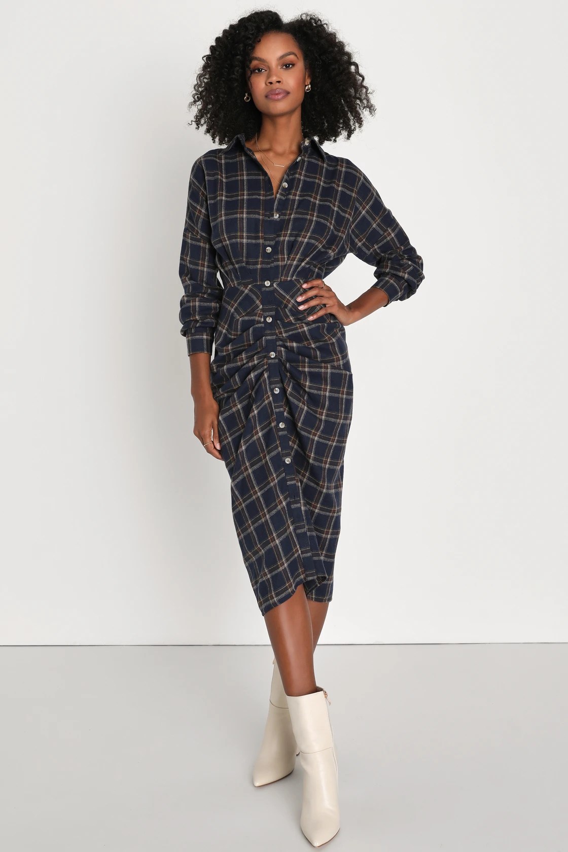 plaid ruched midi dress