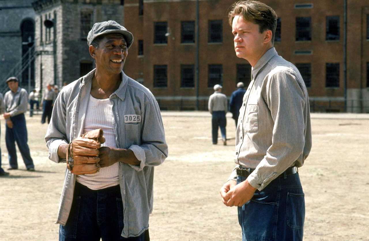 Red and Andy, played by Morgan Freeman and Tim Robbins, talk in the prison yard during a scene in the 1994 classic Shawshank Redemption.