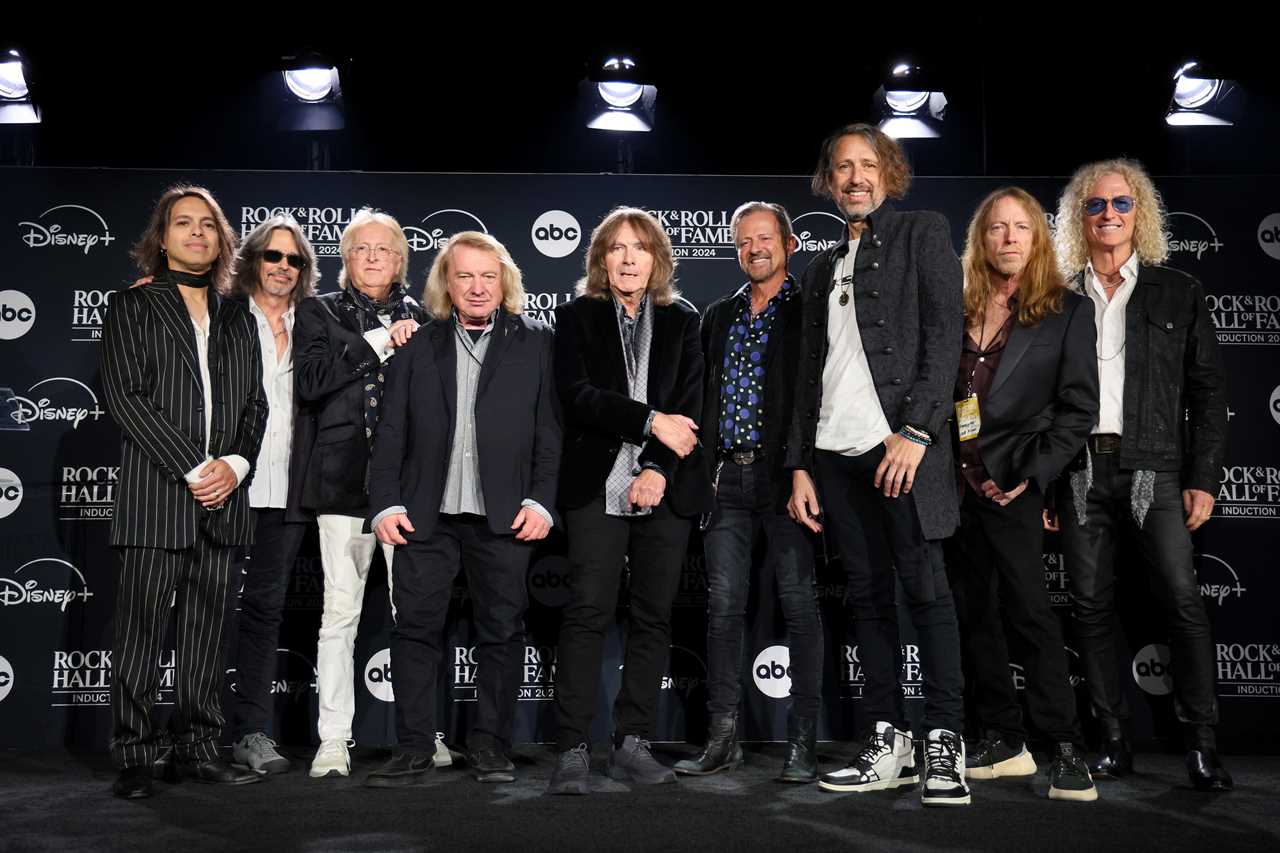 CLEVELAND, OHIO - OCTOBER 19: (L-R) Luis Maldonado, Kelly Hansen, Rick Wills, Lou Gramm, Al Greenwood, Chris Frazier, Michael Bluestein, Jeff Pilson and Bruce Watson of Foreigner pose in the press room during the 2024 Rock & Roll Hall Of Fame Induction Ceremony streaming on Disney+ at Rocket Mortgage Fieldhouse on October 19, 2024 in Cleveland, Ohio. (Photo by Dia Dipasupil/2024 Getty Images)