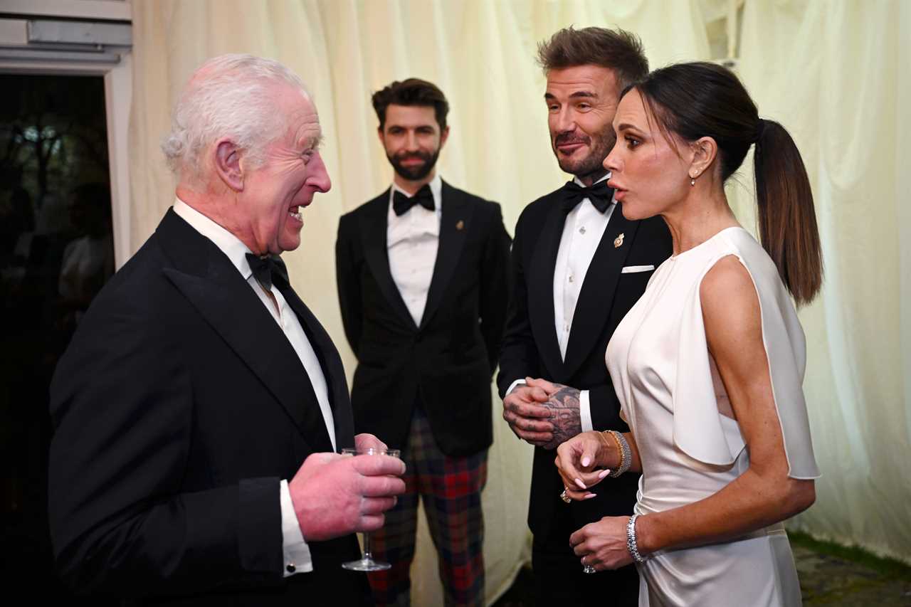 TETBURY, ENGLAND - FEBRUARY 07: King Charles III, David Beckham and Victoria Beckham during a dinner at Highgrove House on February 07, 2025 in Tetbury, England. In preparation for their upcoming State Visits to the Holy See and the Republic of Italy in early April 2025, The King and Queen will attend a special dinner alongside the Italian Ambassador to the UK, His Excellency Inigo Lambertini, Mrs. Maria Grazia Lambertini, and Italian-American actor Stanley Tucci. The event will celebrate the va