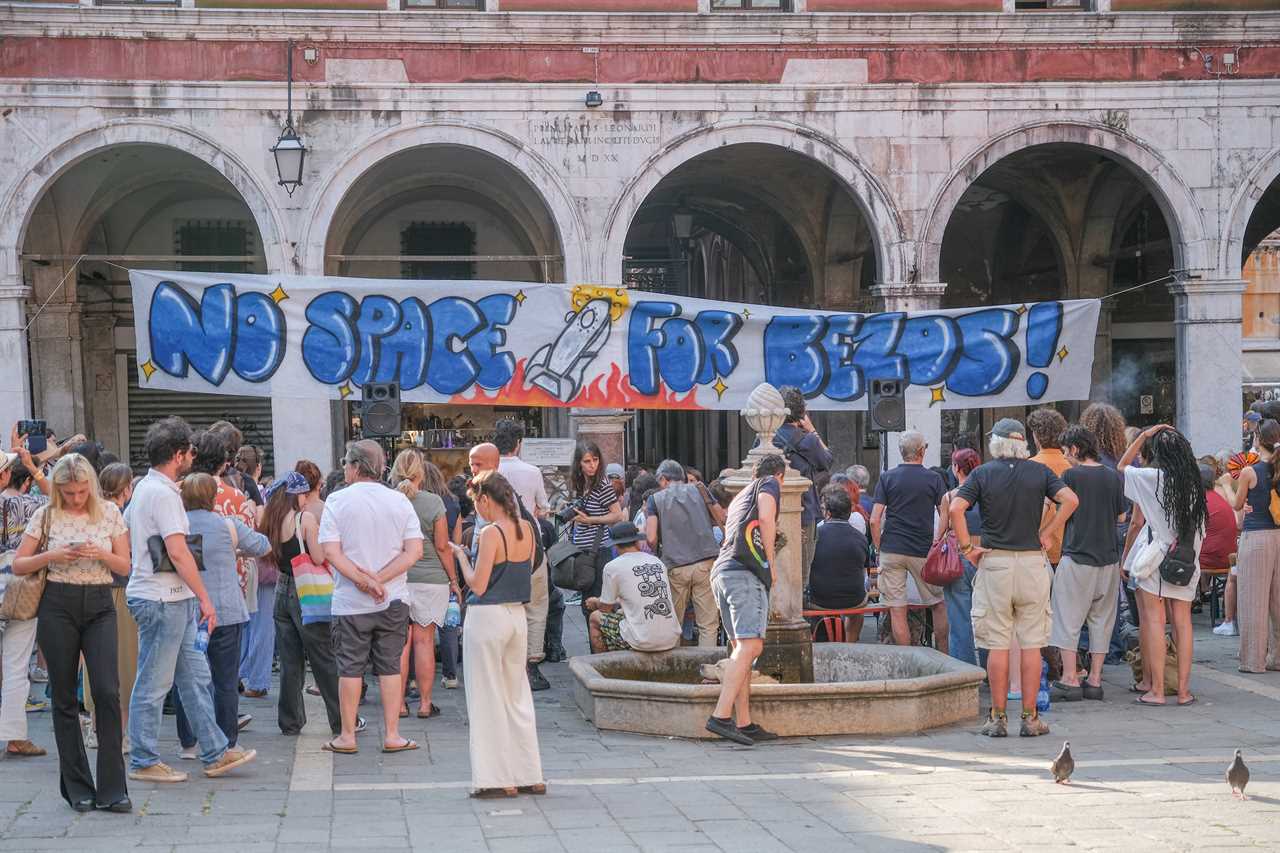 "No Space For Bezos" activists gathered in Campo San Giacomo di Rialto to organise protests against the wedding of Jeff Bezos and Lauren Sanchez to be held in Venice from 26-28 June 2025 on June 13, 2025 in Venice, Italy.