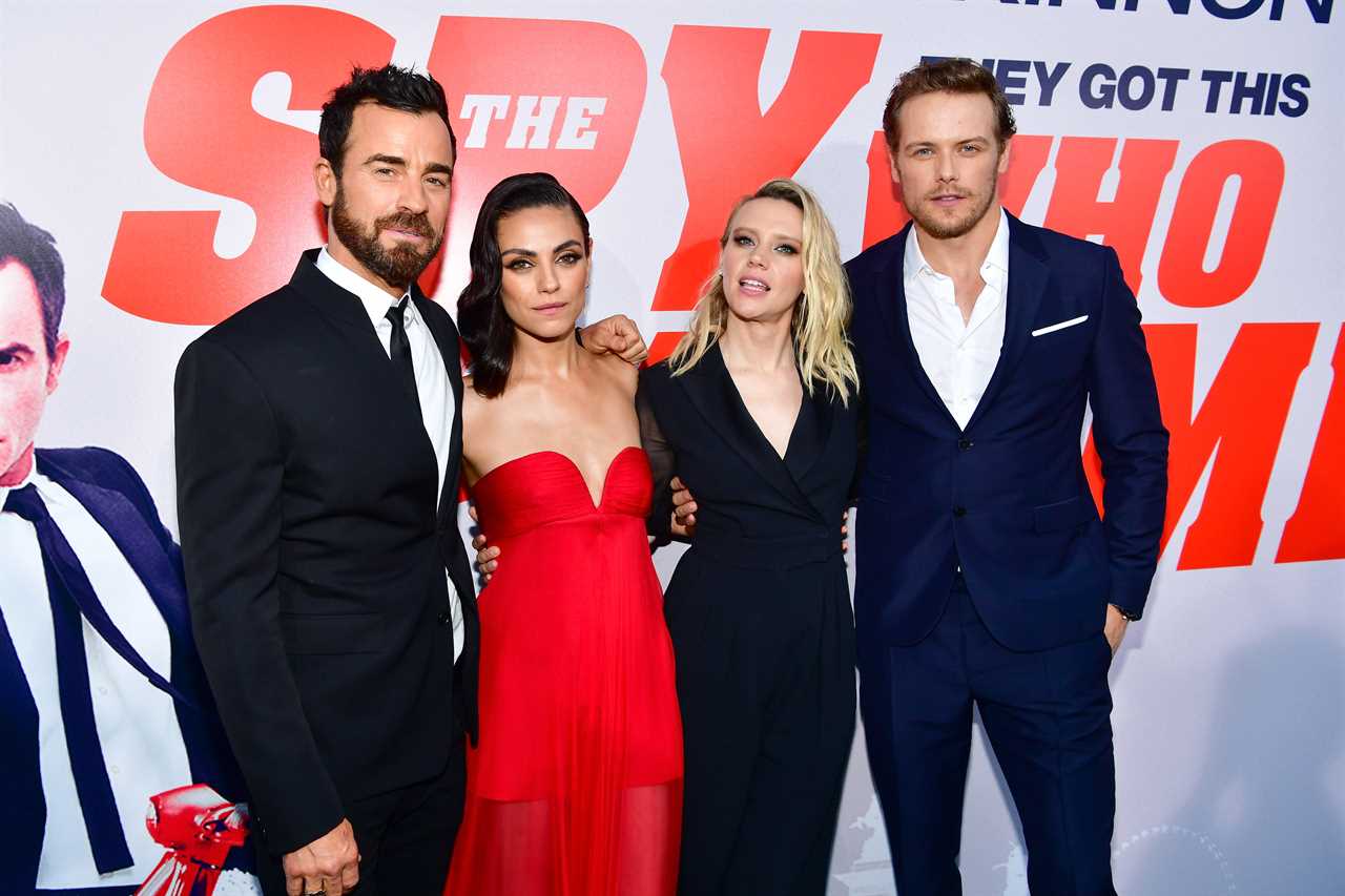 Justin Theroux, Mila Kunis, Kate McKinnon, and Sam Heughan attend the premiere of Lionsgate's 'The Spy Who Dumped Me' at Fox Village Theater on July 25, 2018 in Los Angeles, California.