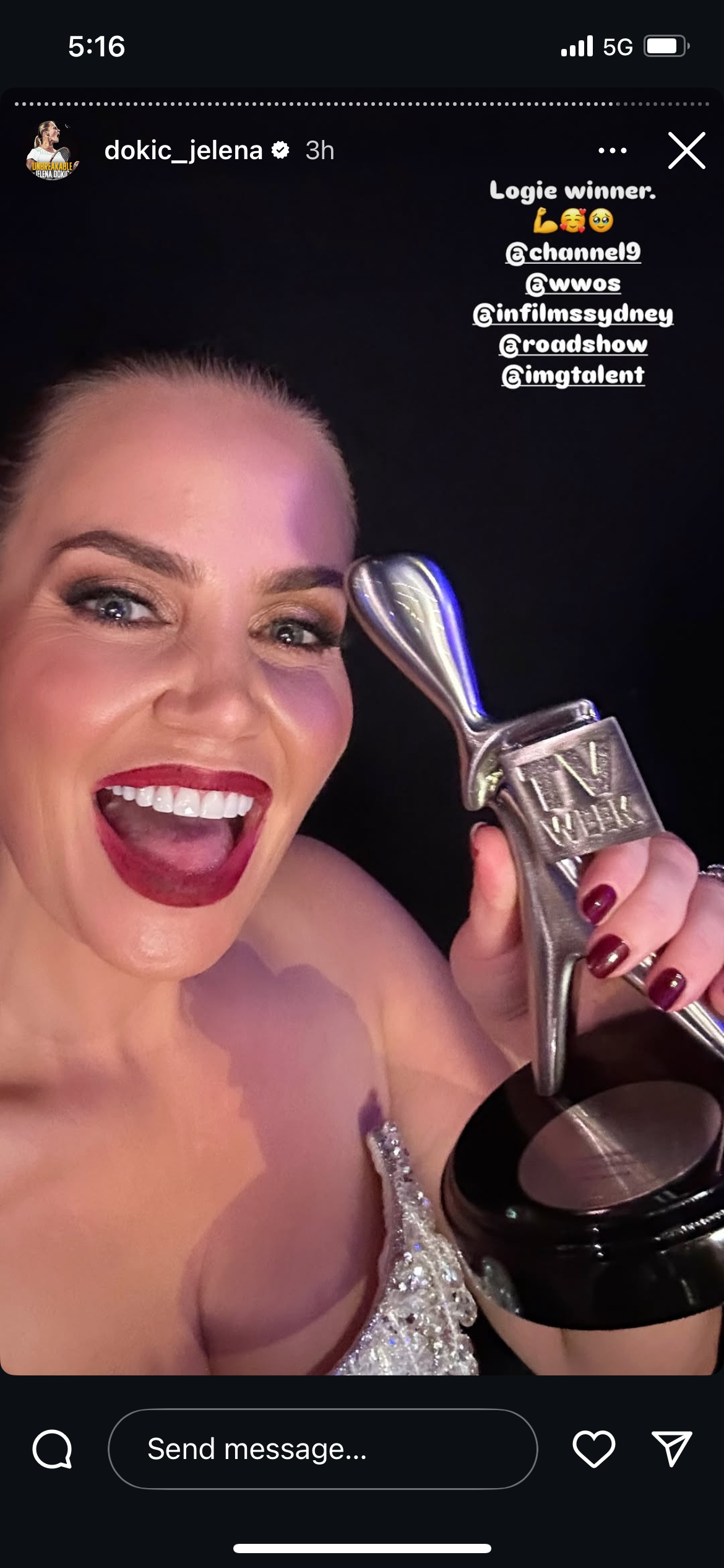 Jelena Dokic celebrates her 2025 Logies win