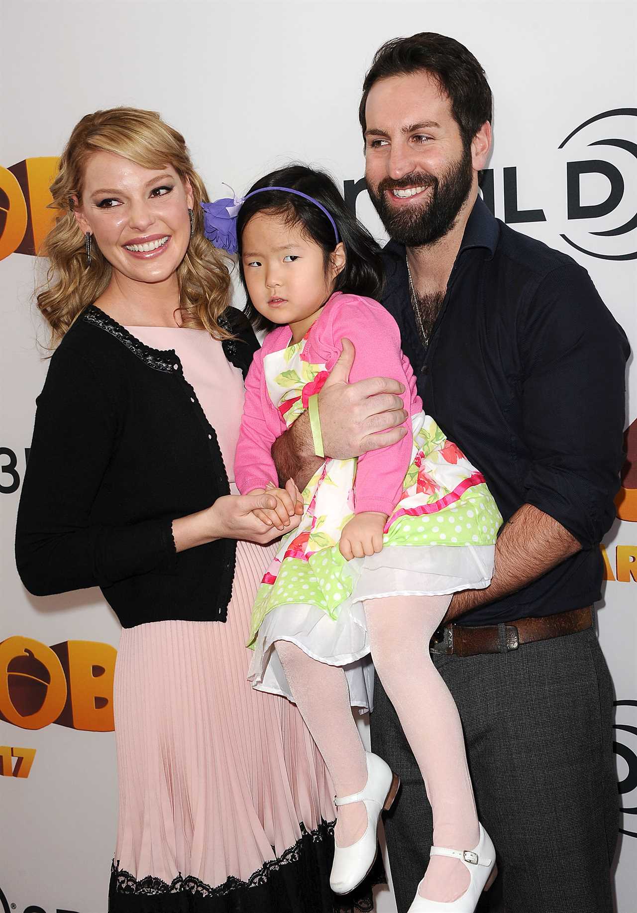 Katherine Heigl, husband Josh Kelley and daughter Nancy "Naleigh" Leigh at the premiere of The Nut Job at Regal Cinemas L.A. Live on January 11, 2014 in Los Angeles, California.