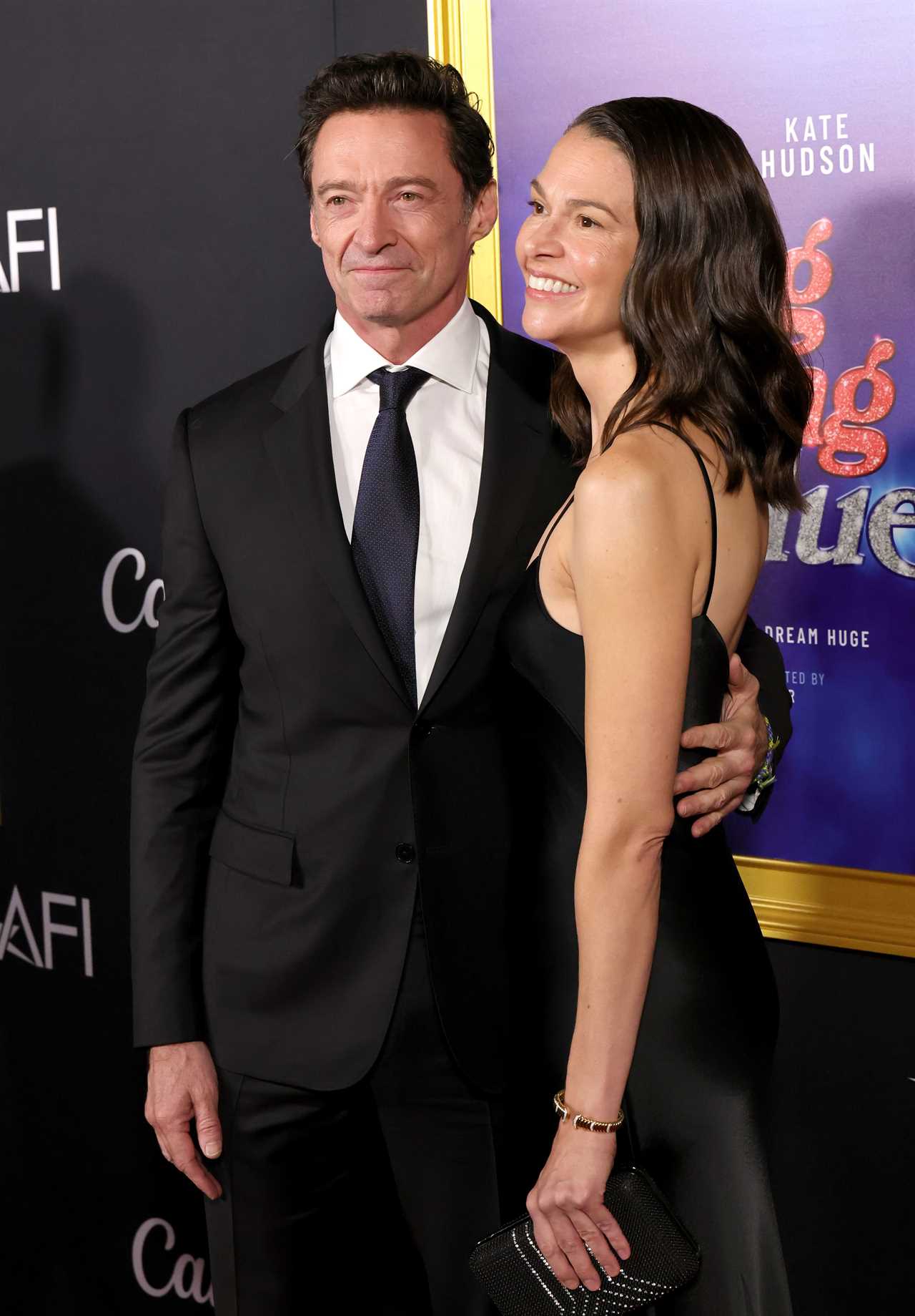 Hugh Jackman and Sutton Foster attend closing night gala premiere of Song Sung Blue during 2025 AFI FEST at TCL Chinese 6 Theatres on October 26, 2025 in Hollywood, California.
