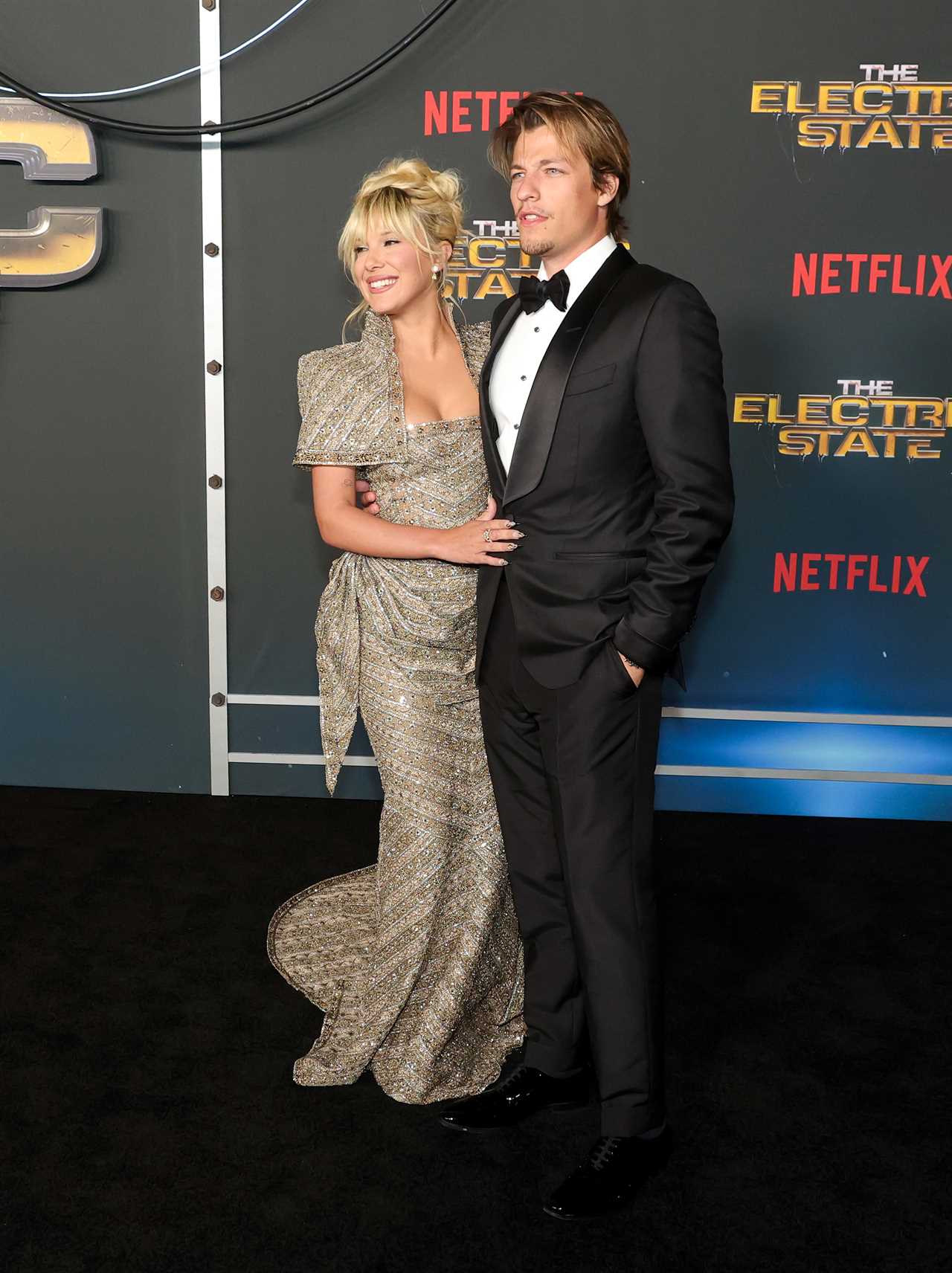 Millie Bobby Brown and Jake Bongiovi attend the world premiere of Netflix's "The Electric State" at The Egyptian Theatre Hollywood on February 24, 2025 in Los Angeles, California.