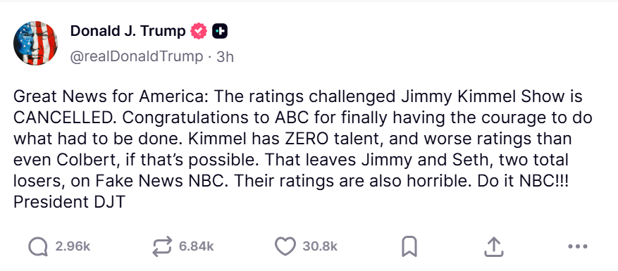 Donald Trump Truth Social post about Jimmy Kimmel