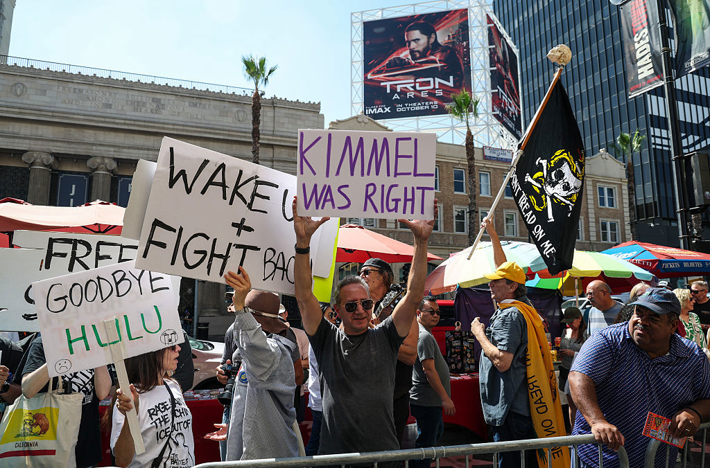 Los Angeles, CA, Monday, September 22, 2025 - Dozens of politicians and union members hold a press conference outside the Dolby Theater to denounce the censorship of television personality Jimmy Kimmel.  (Robert Gauthier/Los Angeles Times)